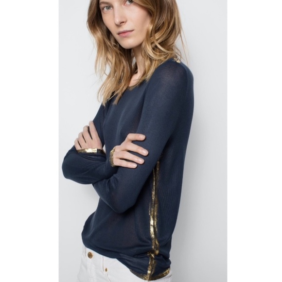 Zadig & Voltaire Willy Gold Long Sleeve Top in Marine- XS,L - Picture 1 of 9